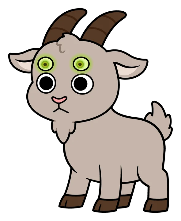 Bolik, a small grey goat with a second pair of glowing green eyes above the first, staring.