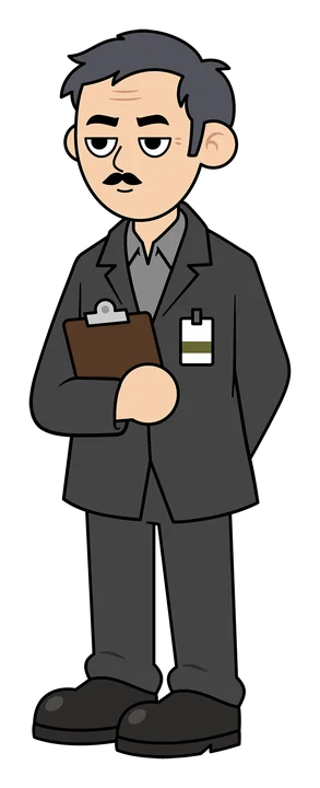 Inspector Dmitar, a stern man in a dark suit holding a clipboard.