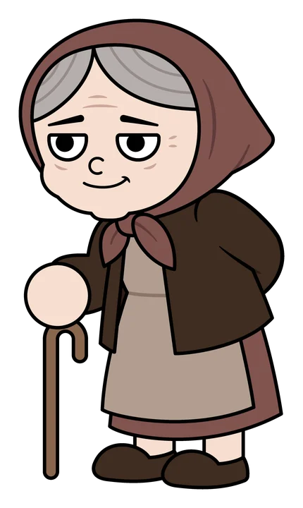 Baba Milena, an elderly woman in a headscarf leaning on a walking stick.