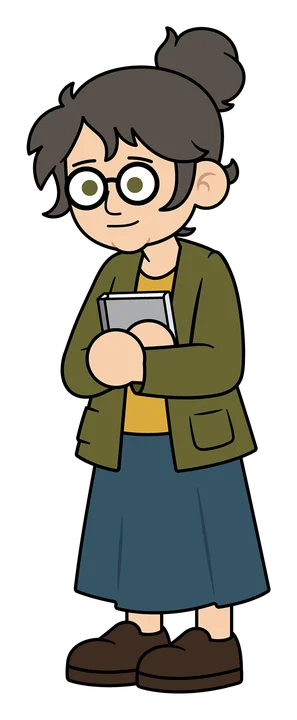 Oksana, a woman with glasses and a hair bun, clutching a notebook.